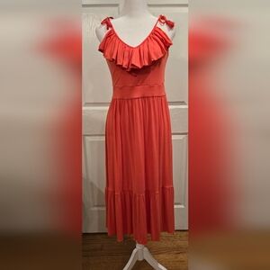 NWT Sophia Jeans Ruffle Front Tiered Maxi Dress Coral Women's Size Small Short